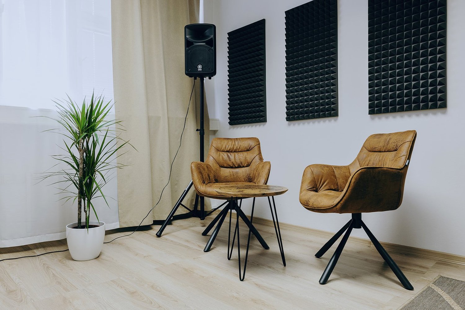 Seating area, music stand and acoustic panels in the Singasong studio